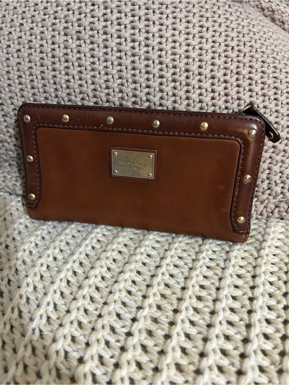 Michael Kors Cognac Brown Leather Zip-Around Wallet Studded Y2K